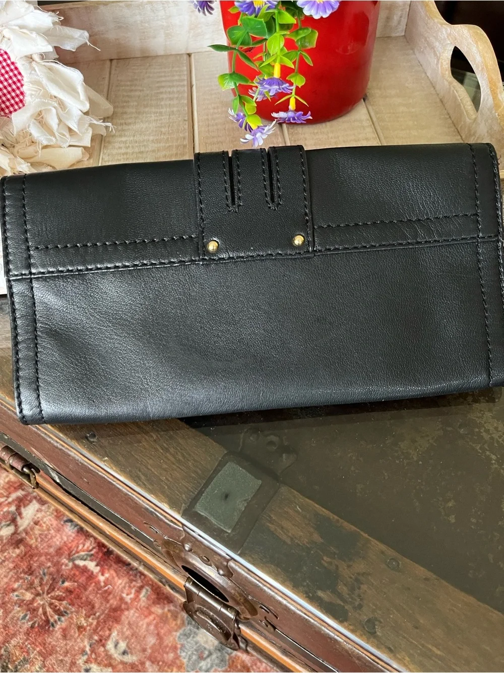 Vintage Michael Kors Black Leather Buckle Continental Wallet with Gold Hardware